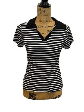 Juniors’ Black & White Striped Polo V-Neck Top